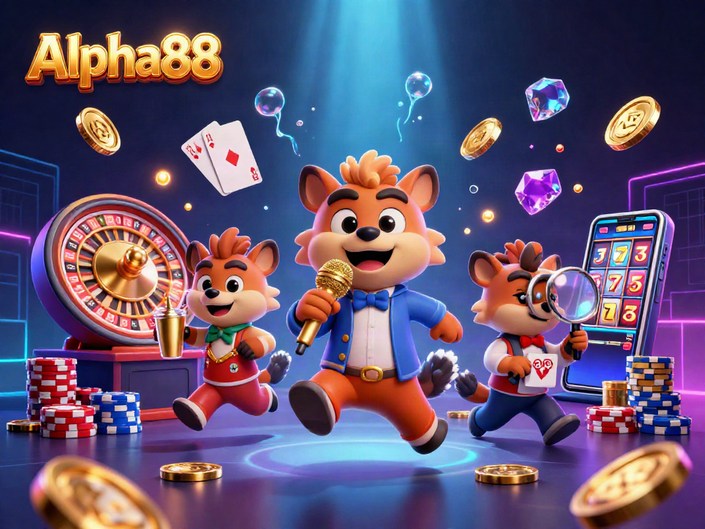 Experience fun at Alpha88 casino with hyena characters performing comedy and bar antics among dynamic gaming elements.