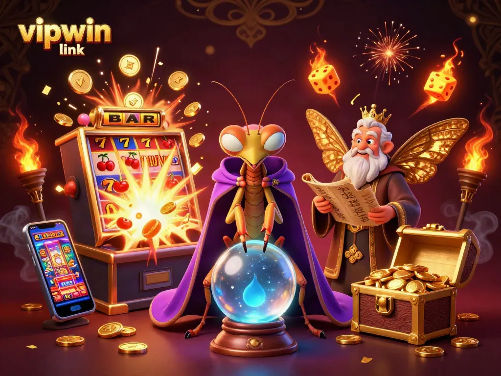 Experience the exciting vipwin link with vibrant 3D casino elements and characters in a mystical scene.