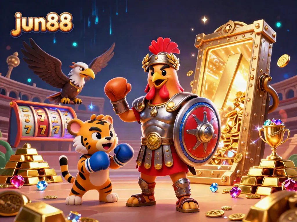 Experience the thrill of jun88 with a dynamic 3D illustration featuring a gladiator rooster in a vibrant casino scene.