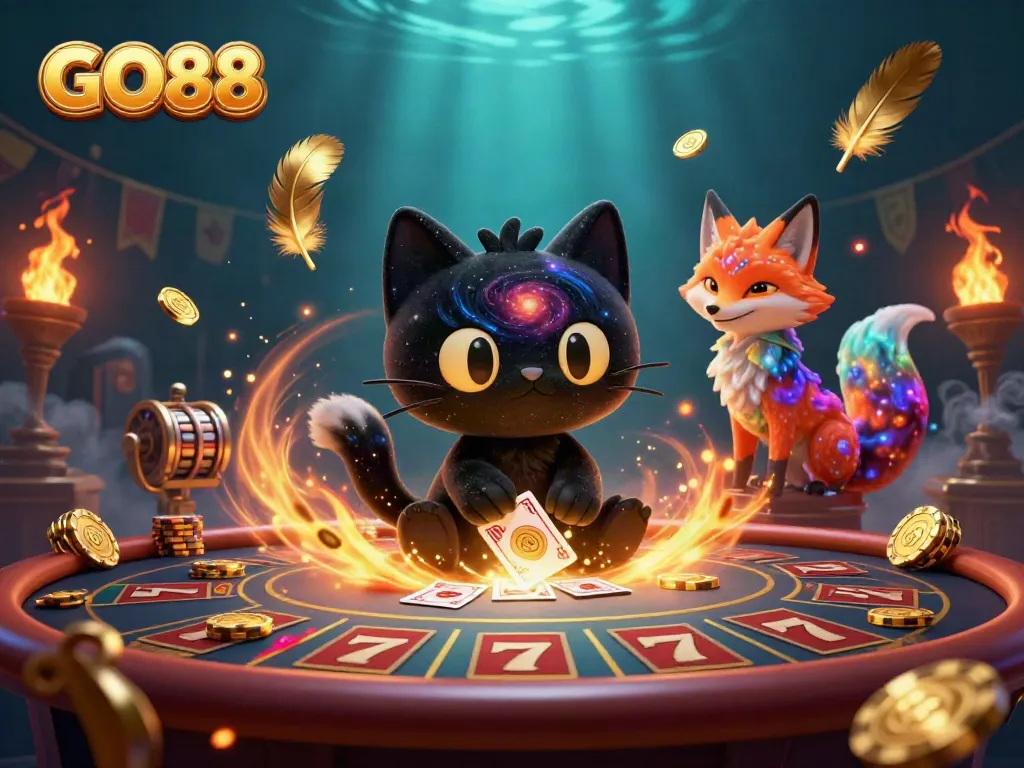 Engage in thrilling gameplay with GO88 at a cosmic casino featuring a gravity-defying black hole cat.