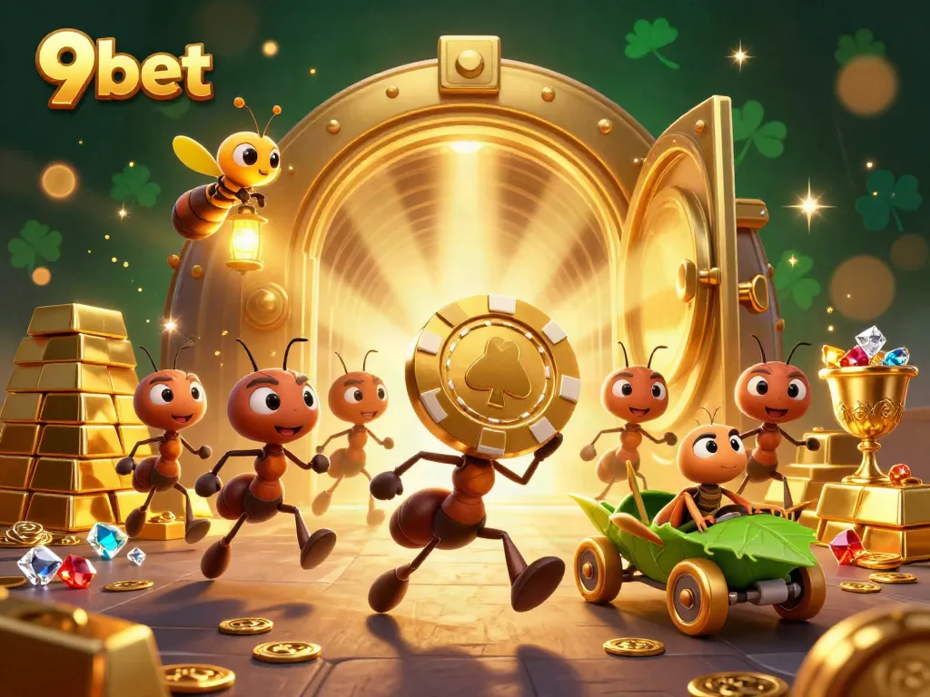 Experience the adventure with 9bet as ants steal a giant poker chip amidst golden treasures.