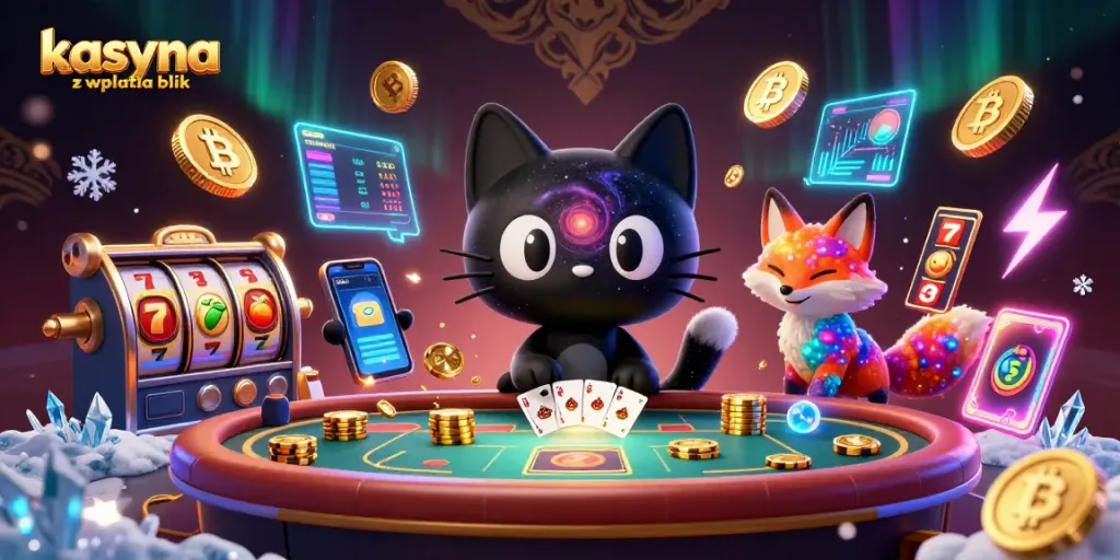 Experience kasyna z wplata blik with a cosmic cat drawing in golden chips and cards.