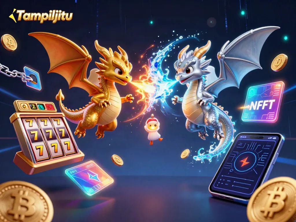 Tampiljitu showcases animated dragons amidst slot reels, representing exciting online gaming.