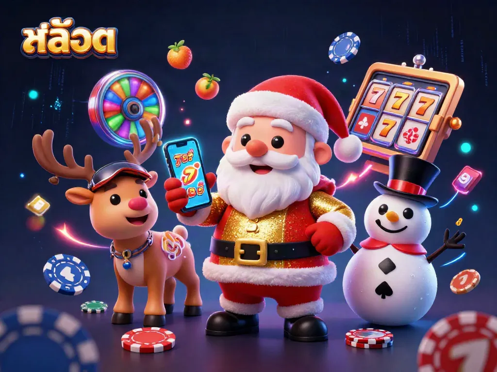 Spin to win สล็อต jackpot reels with Santa, a reindeer dealer, and a poker chip snowman!