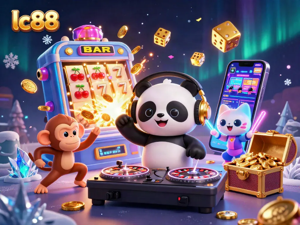 Experience the excitement of lc88 with a vibrant 3D illustration showcasing a DJ panda, breakdancing monkey, and rave kitten surrounded by casino elements.