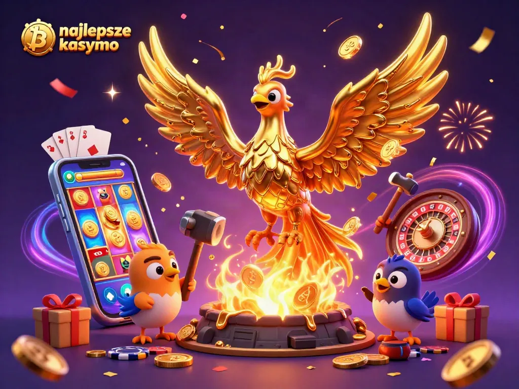 Engage in thrilling games at najlepsze kasyno bitcoin with a vibrant gold phoenix and casino elements.