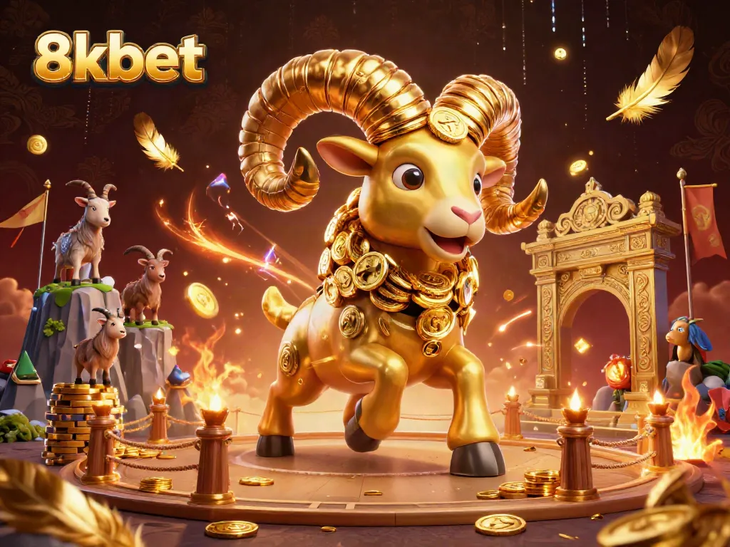 Bet on thrilling wins with 8xbet's golden ram character charging through a vibrant gambling arena.