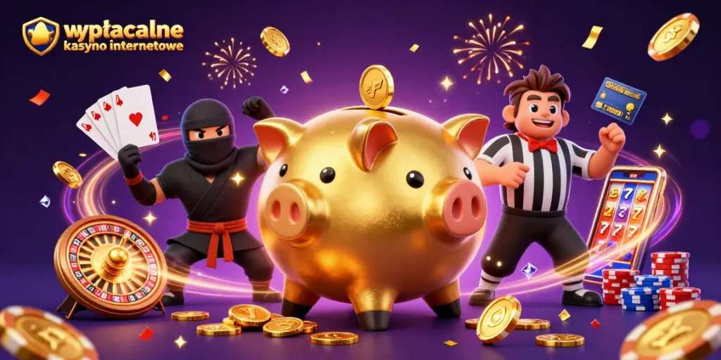 Play and win at wypłacalne kasyno internetowe featuring a dynamic scene with games and characters.