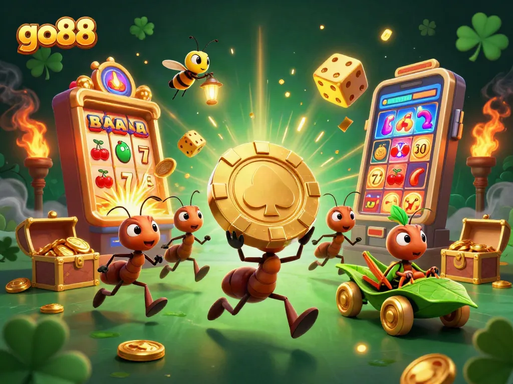 Experience excitement at go88 with animated ants carrying a giant poker chip amid gaming chaos.