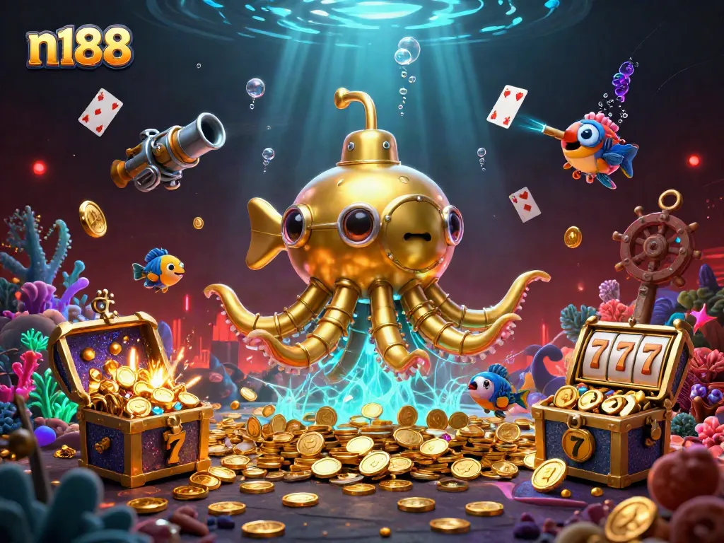 Experience thrilling wins at n188 with a 3D kraken submarine and vibrant casino elements.