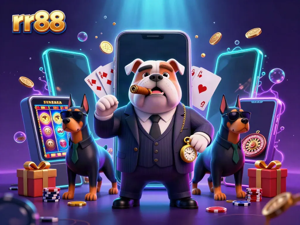 Experience thrilling gameplay with rr88 in a vibrant 3D casino scene featuring a bulldog boss and dynamic elements.