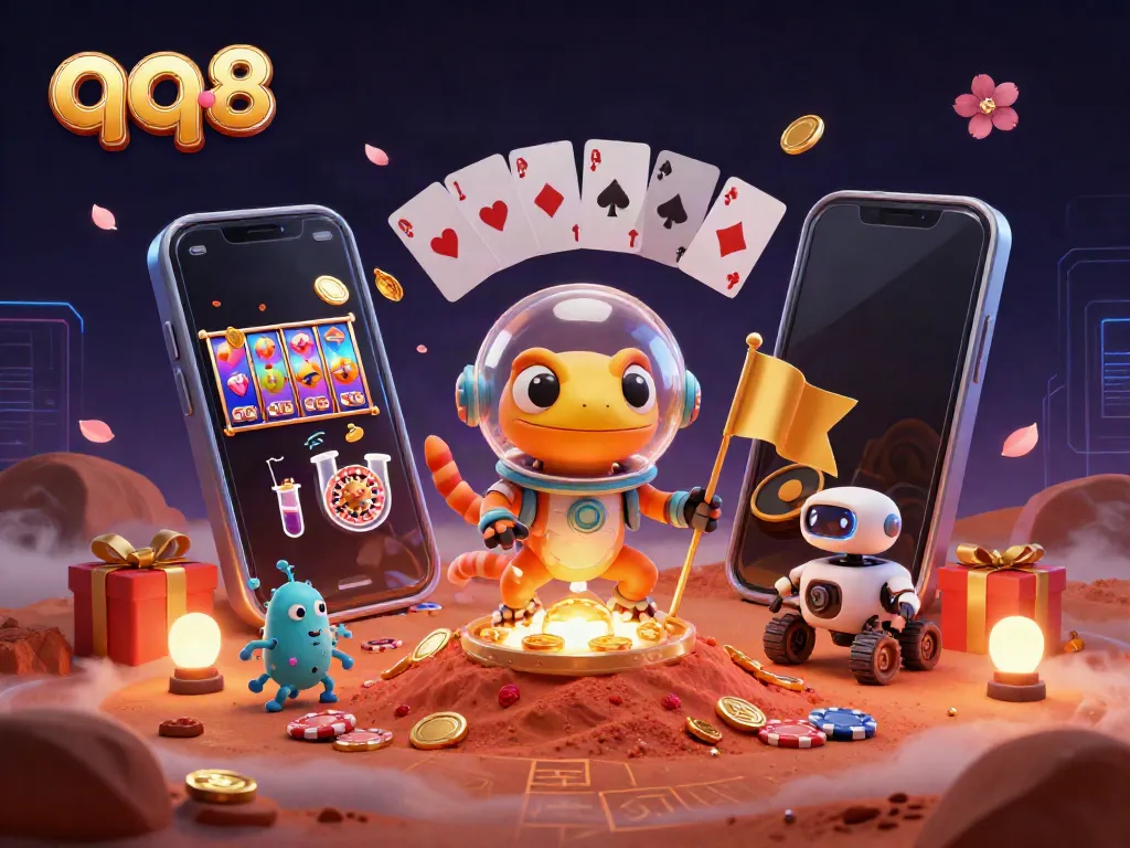 Playing casino games with qq88 in a vibrant, 3D Martian scene featuring a gecko and robot.