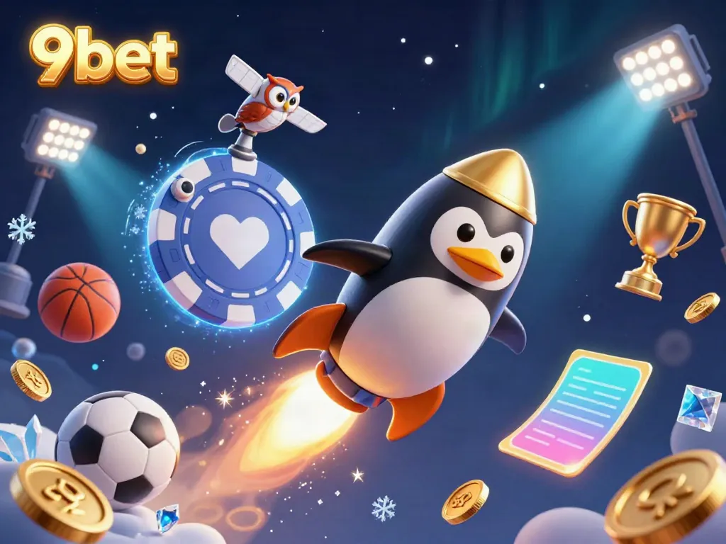 This vibrant 3D illustration showcases 9bet with a golden penguin soaring through space, surrounded by sports-themed elements.
