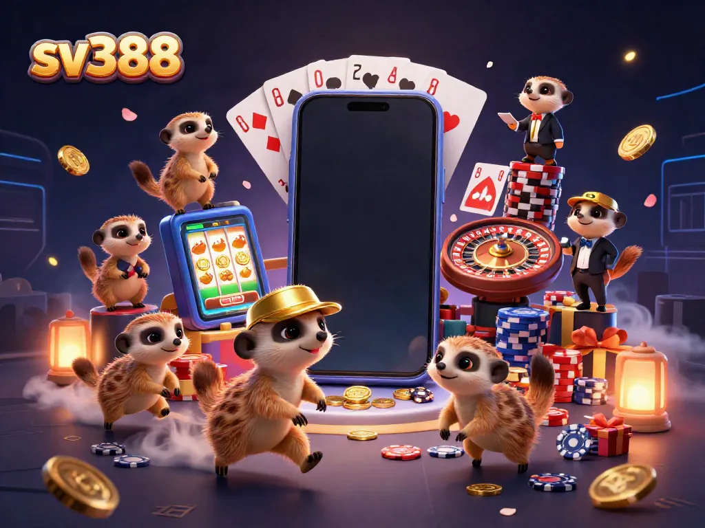 Experience immersive cockfighting action with sv388 in a vibrant casino setting featuring lively meerkat characters.