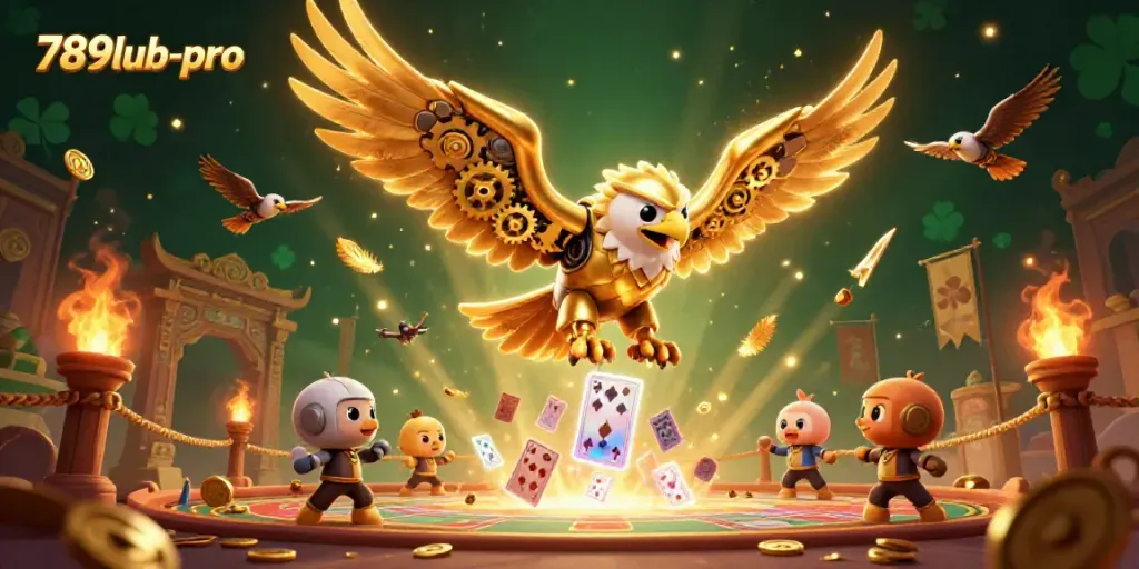 Experience thrilling action with 789lub-pro's vibrant casino elements, featuring a cybernetic eagle and holographic cards.