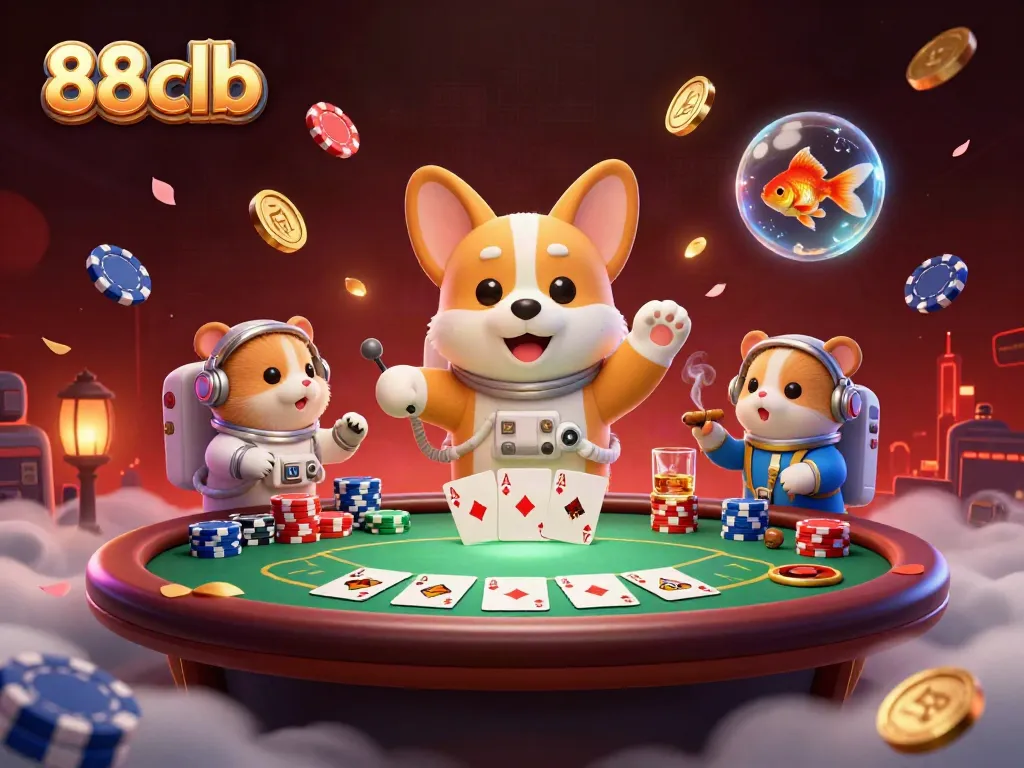 Experience the thrilling atmosphere of 88clb with a corgi astronaut and casino elements in a zero-gravity setting.