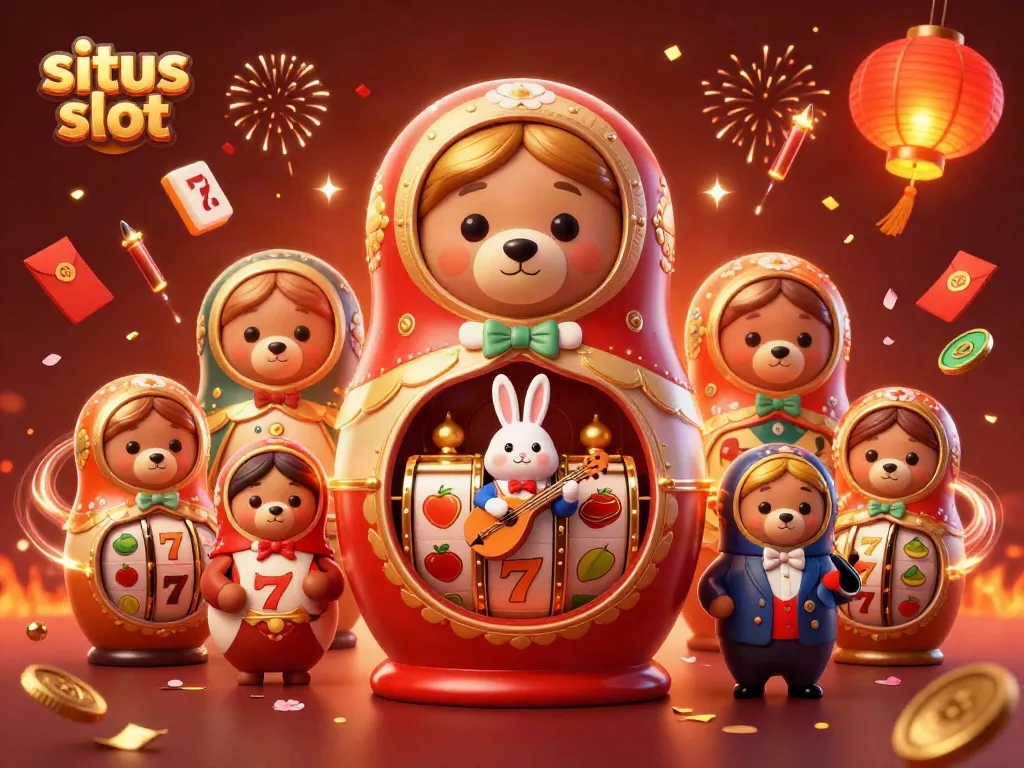 Experience excitement with situs slot featuring a cartoon bear in a lively casino scene full of celebratory elements.