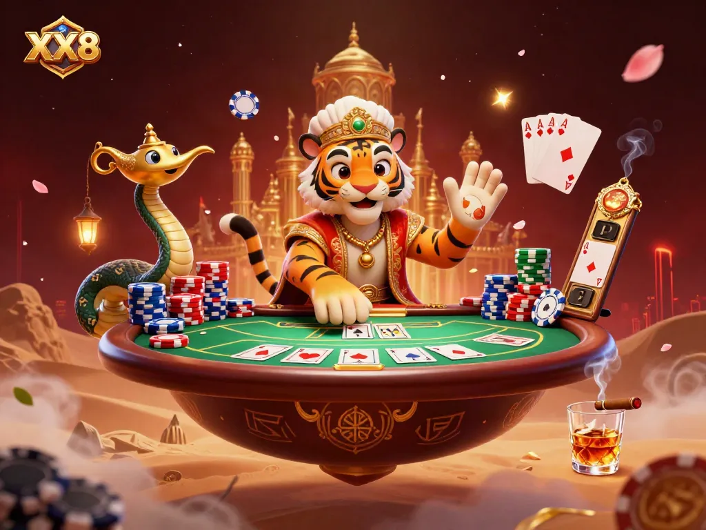 Engage in thrilling gameplay at XX8 featuring a majestic tiger sultan and golden casino elements.