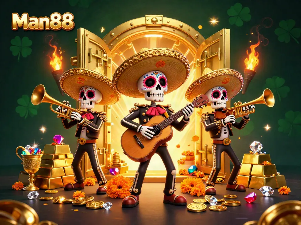 Join the fun at Man88 with skeleton mariachi members amidst golden treasures and vibrant colors.