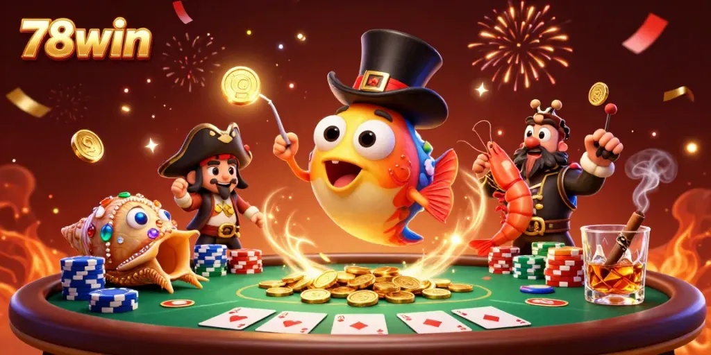 Experience the thrill of 78win with vibrant characters in a dynamic casino scene showcasing poker and celebration.