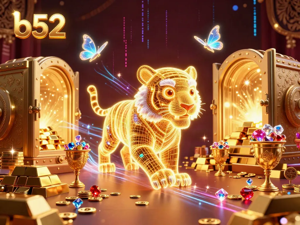 Engage with thrilling b52 casino visuals featuring a neon golden tiger amidst treasures and holographic butterflies.