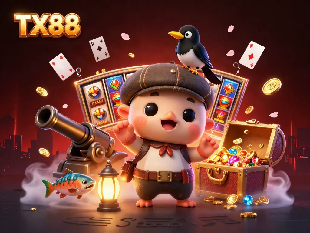 Experience the excitement of TX88 with a cartoon illustration of playful characters amidst vibrant gambling elements.