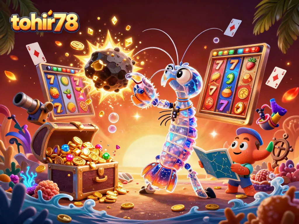 Engage with tohir78 slots featuring a galactic samurai mantis shrimp amidst exploding gems and vibrant casino elements.