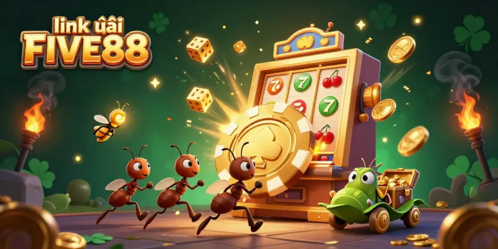Experience endless fun with link vào FIVE88, featuring ants heisting poker chips in a vibrant casino scene.