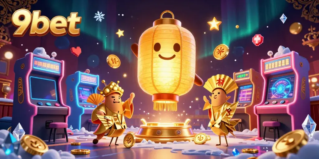 Engage with 9bet in a vibrant 3D casino scene featuring golden lantern spirits and arcade games.