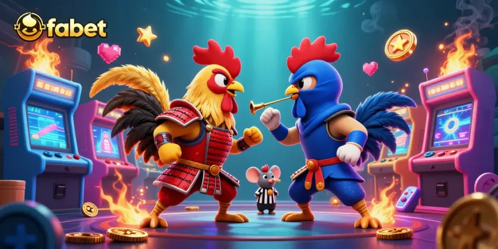 Engage in thrilling bets with fabet featuring epic roosters in a fierce standoff amidst casino elements.