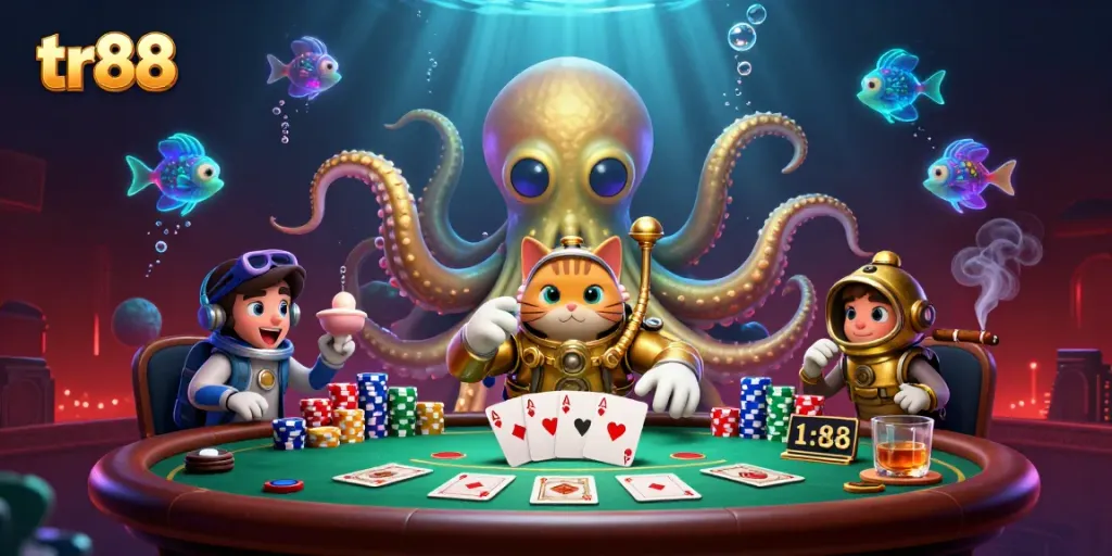 Experience thrilling moments at tr88 with a cartoon kraken and animated diving cat in a vibrant casino scene.