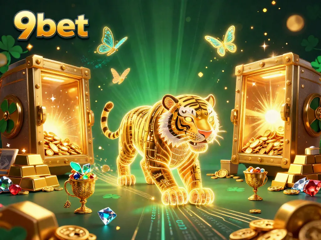 Experience the excitement of 9bet casinos, featuring a vibrant golden tiger in a digital landscape.
