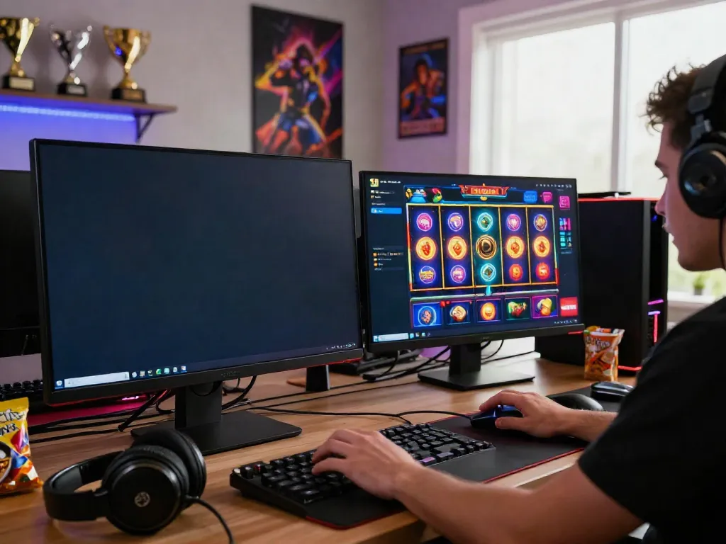 Engaging slot88 gaming platform interface on a desktop monitor with vibrant graphics and a user interacting with exciting gaming accessories.