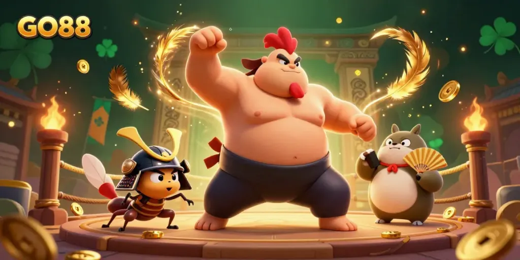 Experience the excitement of GO88 with sumo wrestlers, samurai, and golden gaming tokens in a dynamic setting.