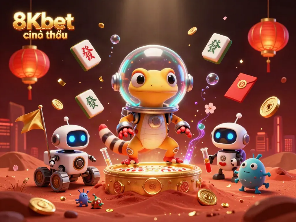 Experience the excitement of 8Kbet chính thức with a Martian gecko uncovering a vibrant casino.