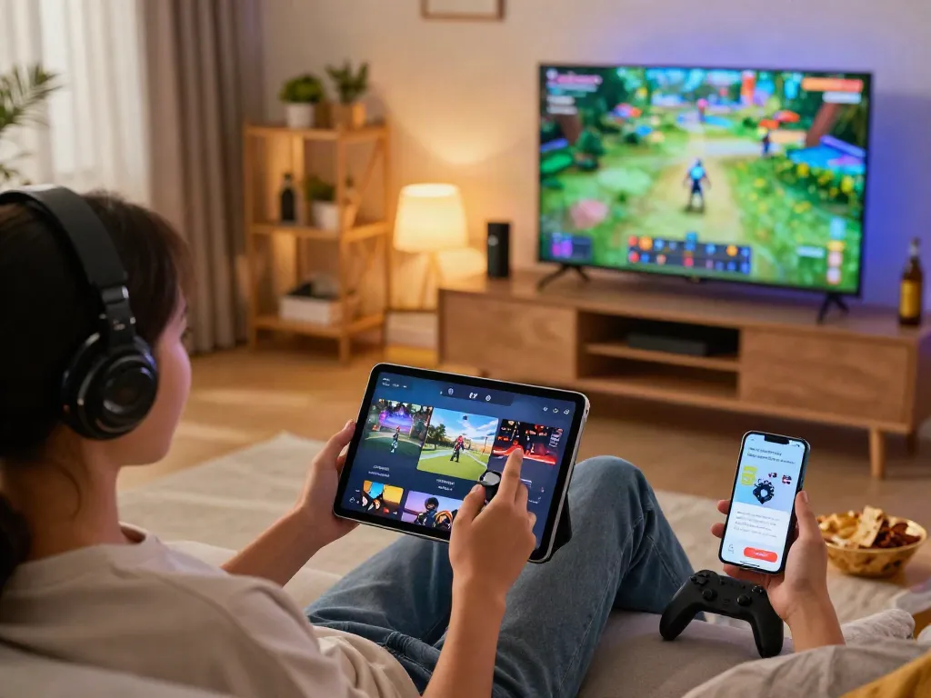User enjoying digital games on a tablet with garuda404 platform in a cozy living room.