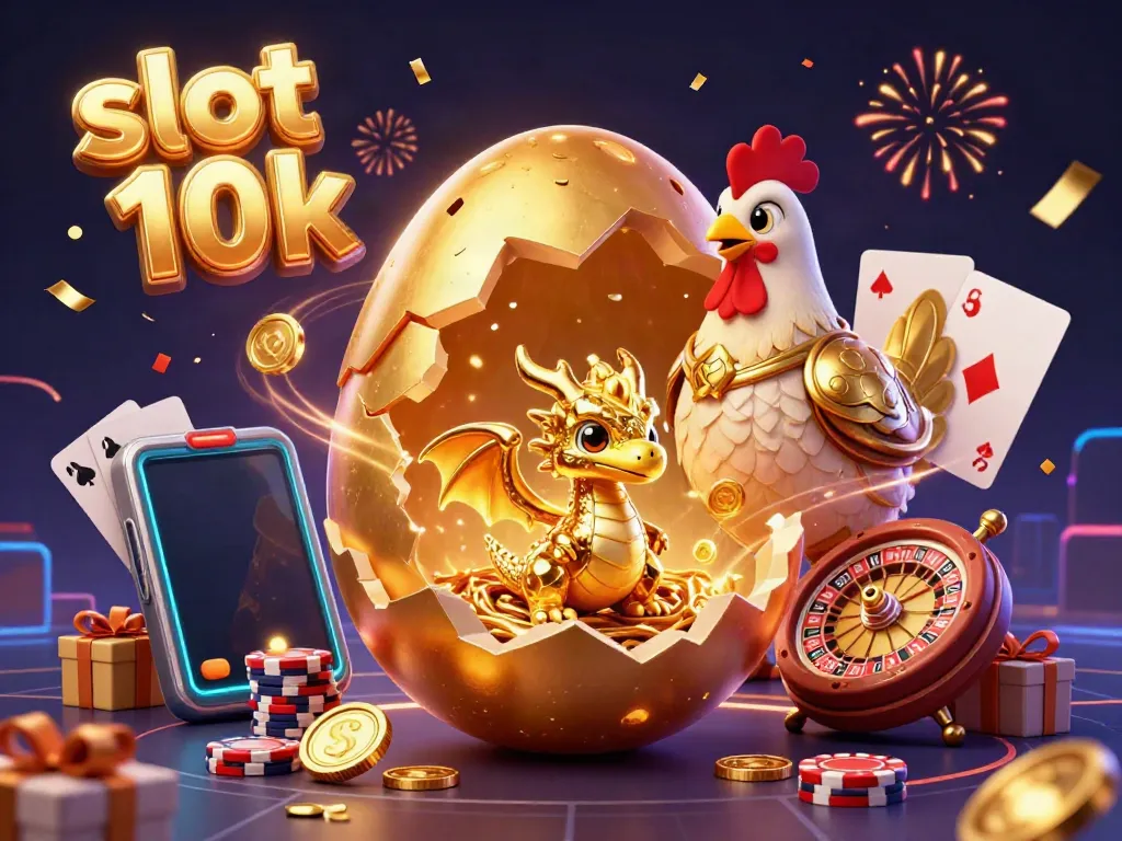 Experience thrilling slot 10k gameplay with golden dragon and vibrant gaming elements in a festive casino scene.
