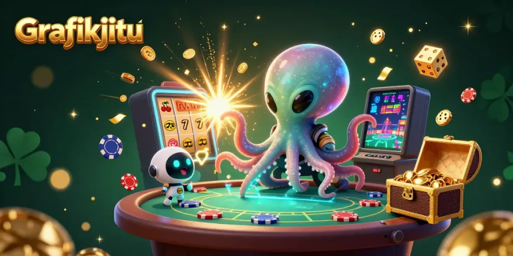 Join the gambling action at Grafikjitu with a vibrant scene featuring an alien octopus and poker elements.