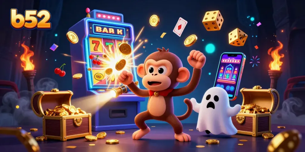 Engage with the b52 casino world in a vibrant, dynamic 3D illustration showcasing a playful monkey and curious puppy.