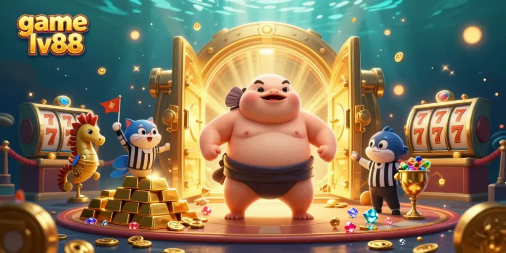 Experience the excitement of game lv88 with dynamic underwater casino action featuring a blowfish, catfish, and more.