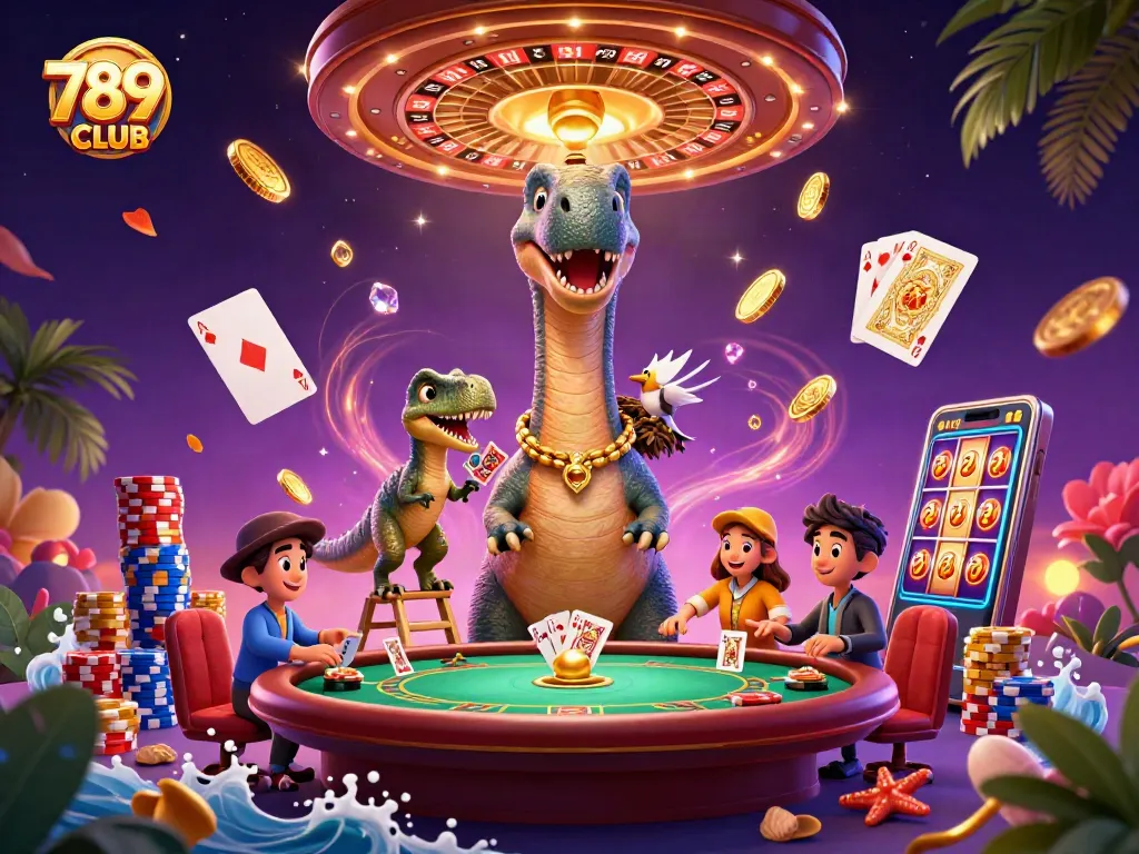 Engage with the vibrant 789CLUB casino universe, as cartoon dinosaurs bring the gaming scene to life.