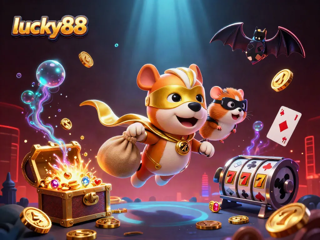 Experience the thrill of lucky88 with a superhero dog and hamster flying through a dynamic casino scene.