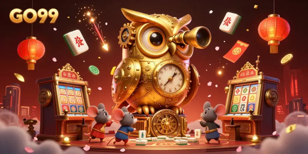 Experience excitement at GO99 with a stunning casino illustration showcasing vibrant characters and gambling elements.