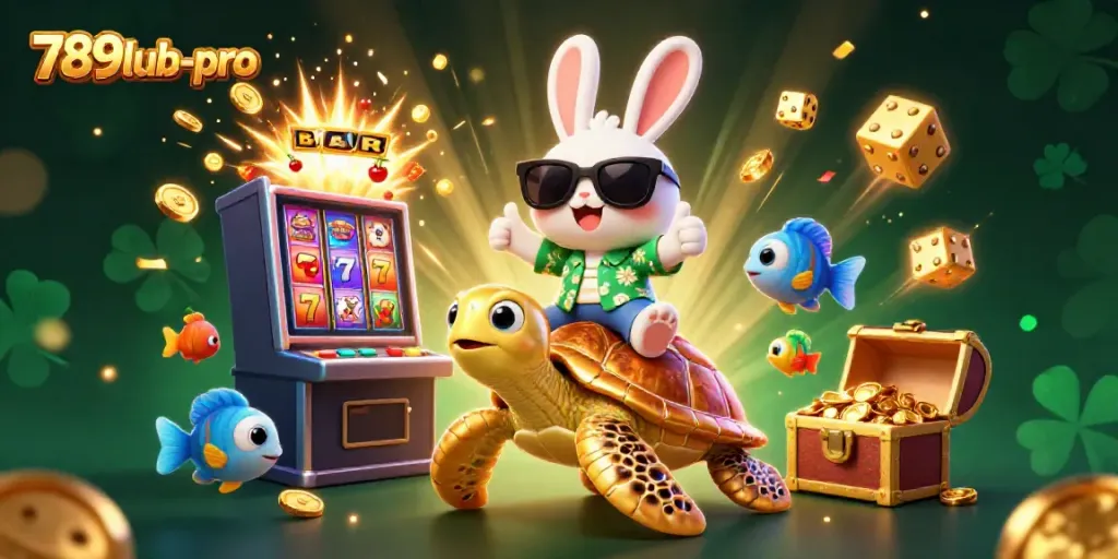 Experience the thrill of 789lub-pro with a lucky rabbit and golden turtle amid a vibrant casino adventure.