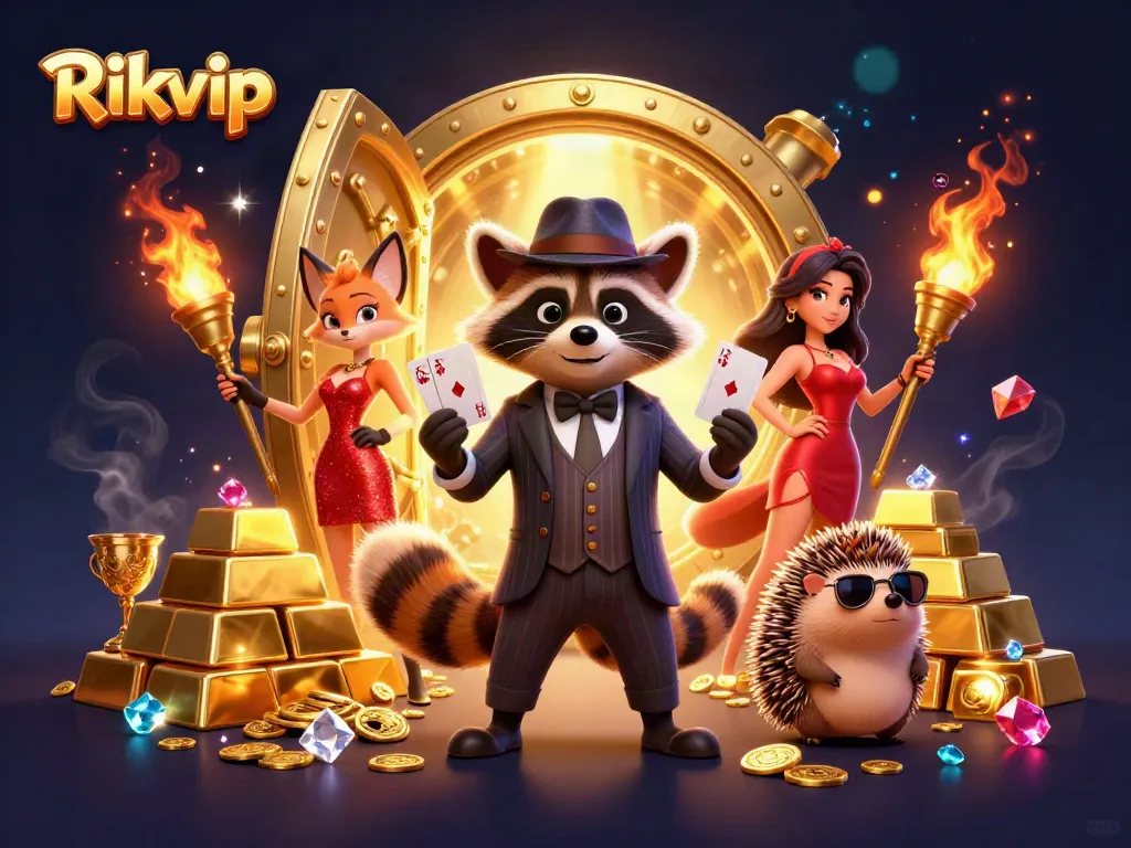 Experience luxury with Rikvip as a raccoon and fox celebrate big wins in a dazzling casino setting.