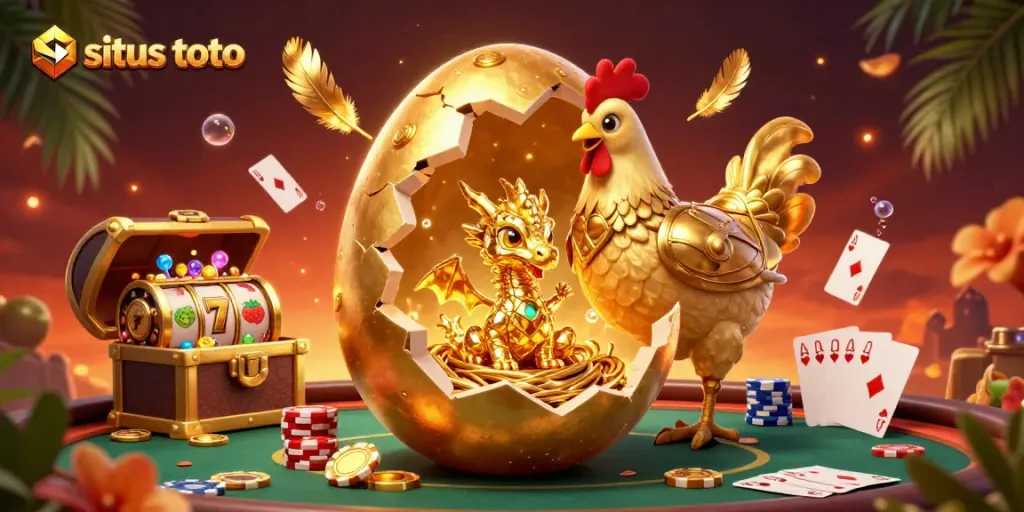 Experience thrilling fun at situs toto with a golden baby dragon on poker chips and exciting gaming elements.