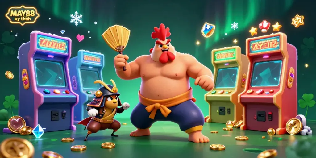 Experience gaming excitement with MAY88 uy tín featuring heroic rooster and cricket in dynamic casino atmosphere.