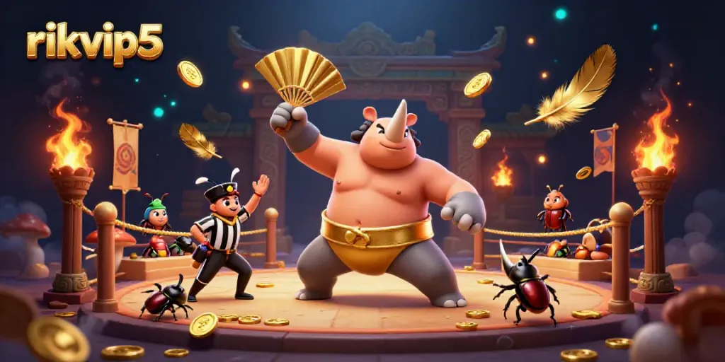 Experience the excitement of rikvip5 with a vibrant 3D illustration of a sumo beetle champion.