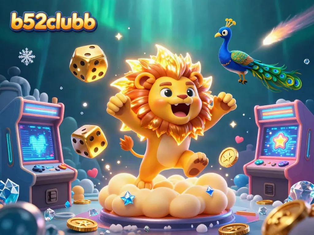 Play exciting games at b52clubb, featuring a colorful 3D illustration with joyful characters and vibrant gambling elements.