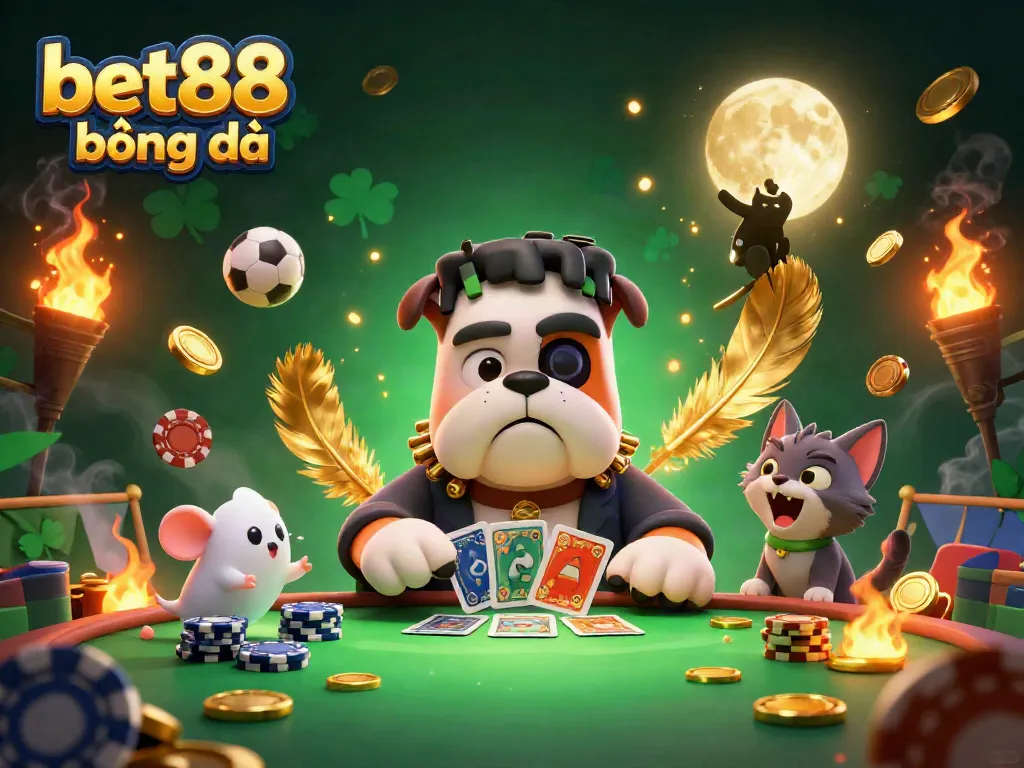 Bet88 bóng đá engagement scene with a cartoon bulldog dealer and ghost mouse, emphasizing thrilling betting atmosphere.